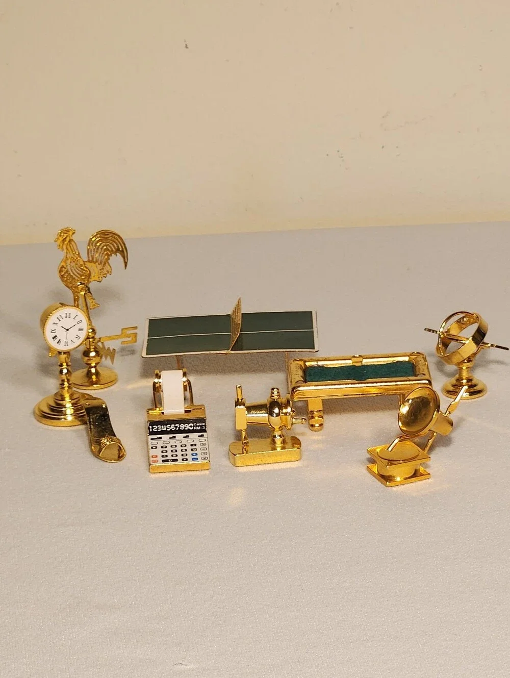 Vintage Miniature Dollhouse Brass Pieces 1:12 Scale Pedastol Clock, Calculator